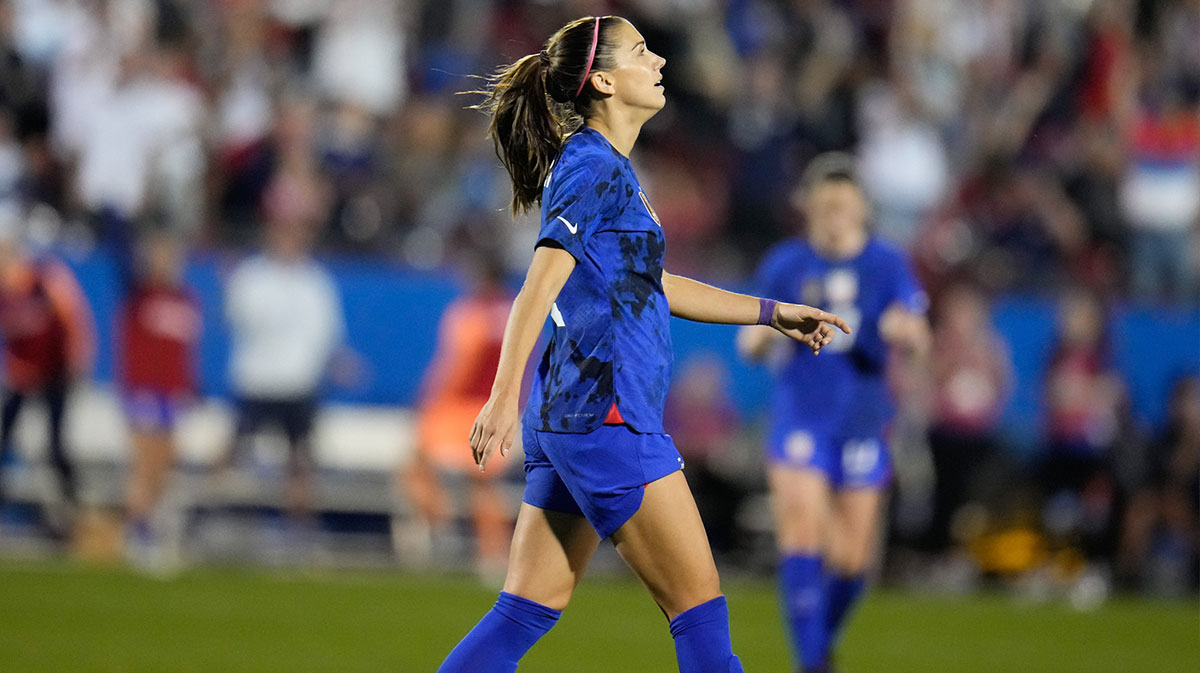 United States of America forward Alex Morgan (13) reacts after scoring a goal against Brazil during the first half at Toyota Stadium.