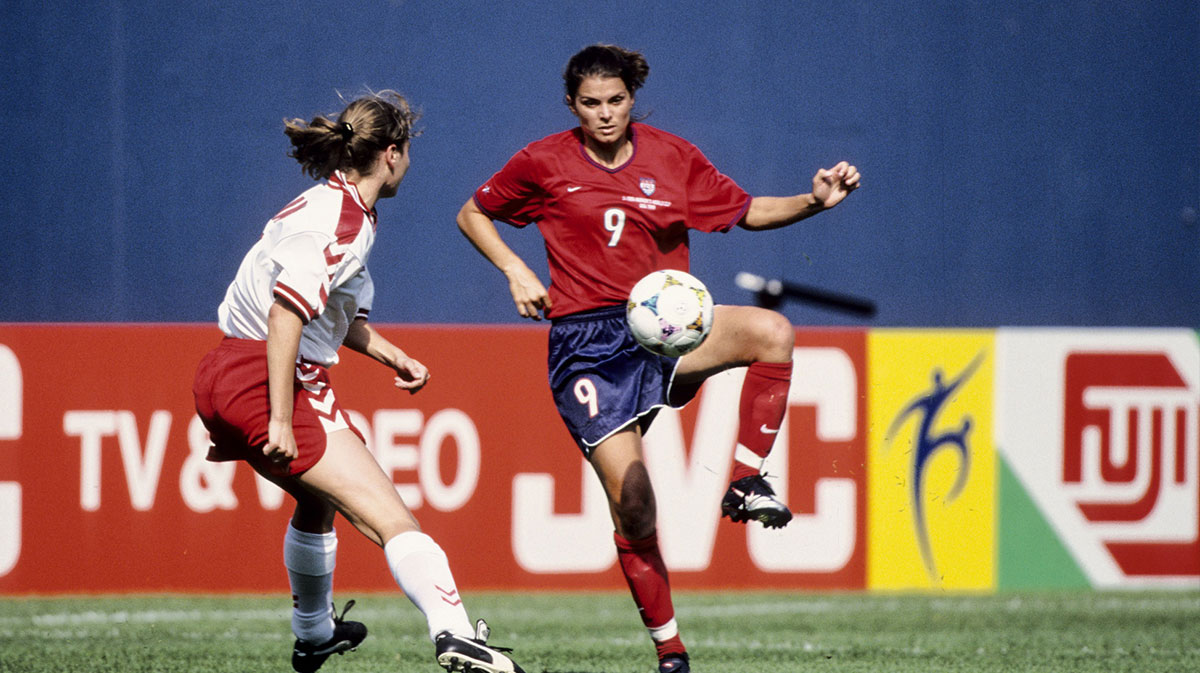 FILE PHOTO; USA forward Mia Hamm (9) in action against Denmark during the 1999 women's World Cup at Giants Stadium.