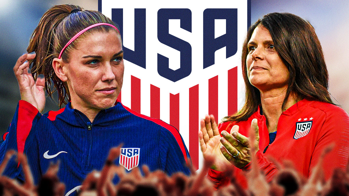 Mia Hamm and Alex Morgan together with USWNT logo front and center. Soccer balls around the graphic.