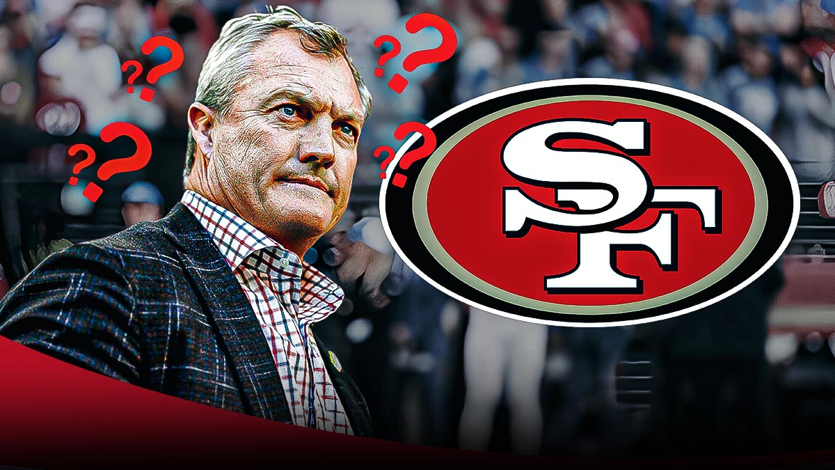 John Lynch with question marks all around the graphic. 49ers logo front and center.