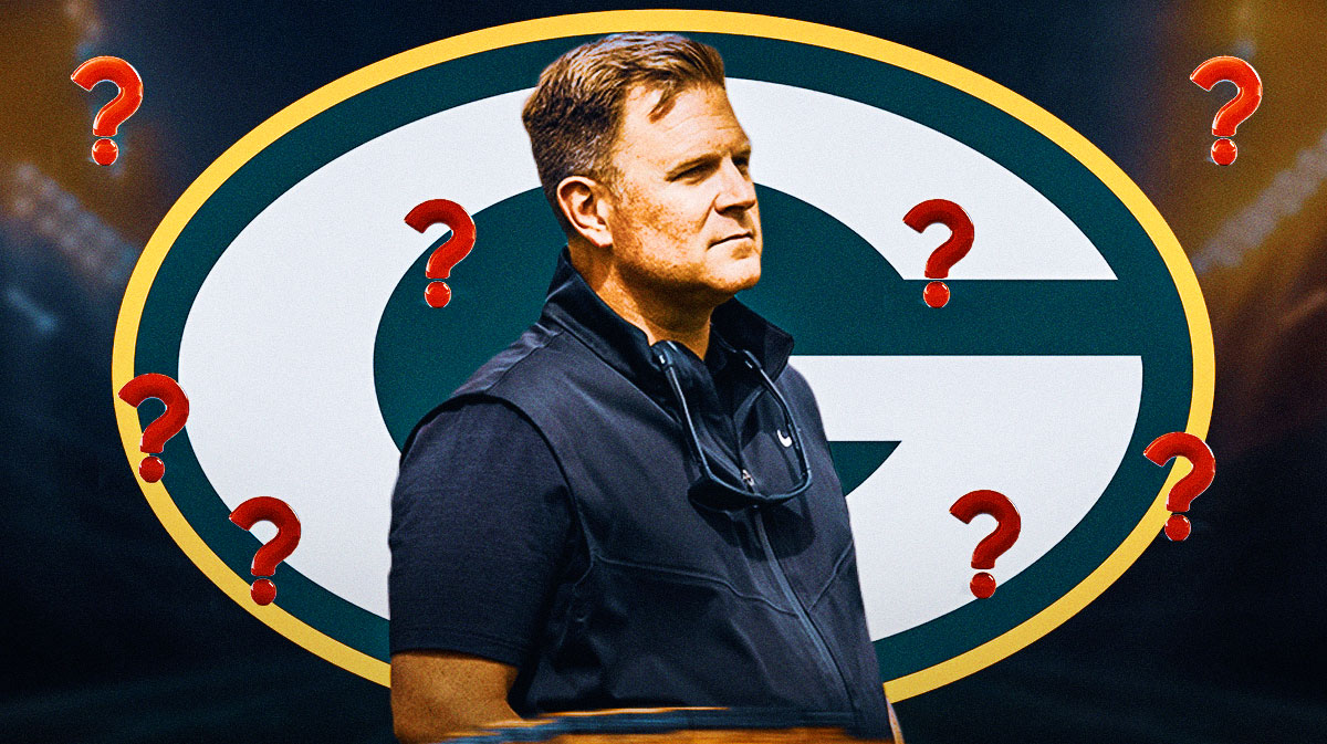 Brian Gutekunst with question marks all around him. Packers logo front and center.