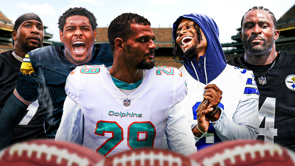 Left side of graphic is Jonnu Smith (Steelers), Jalen Ramsey (Steelers), and Minkah Fitzpatrick (Dolphins). Right side of graphic is George Pickens (Cowboys) and DK Metcalf (Steelers).