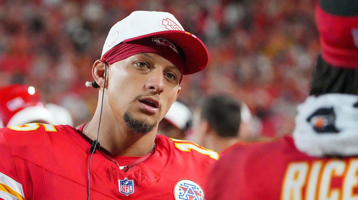 Kansas City Chiefs quarterback Patrick Mahomes (15) on the sidelines against the Chicago Bears during the first half of the game at GEHA Field at Arrowhead Stadium.