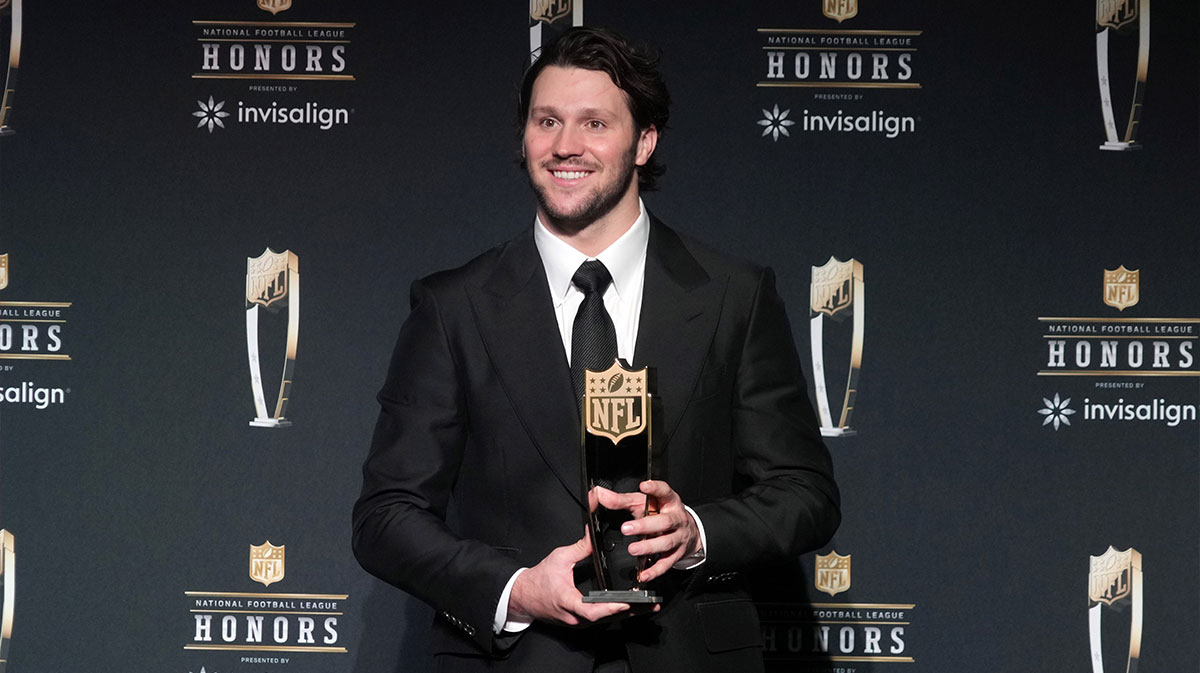 Buffalo Bills quarterback Josh Allen poses with the Most Valuable Player award during Super Bowl LIX NFL Honors at Saenger Theatre.