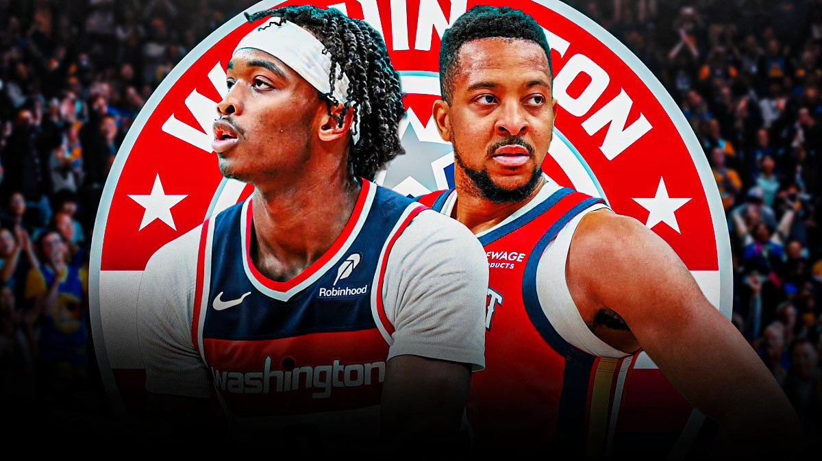 CJ McCollum, Bilal Coulibaly beside each other, Washington Wizards logo in the background