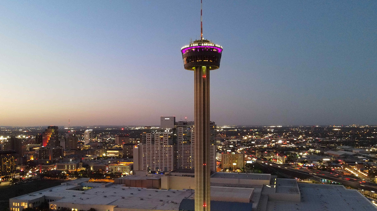 A general overall of the Tower of the Americas and downtown skyline.