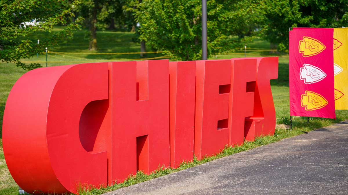 A general view of large logo letters setup for fan photos during training camp at Missouri Western State University.