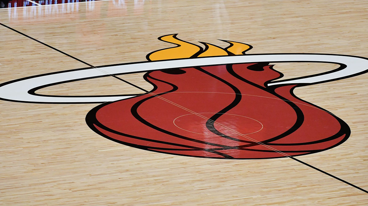 A general view of the Miami Heat logo mid court prior to the game between the Miami Heat and the New Orleans Pelicans at American Airlines Arena.