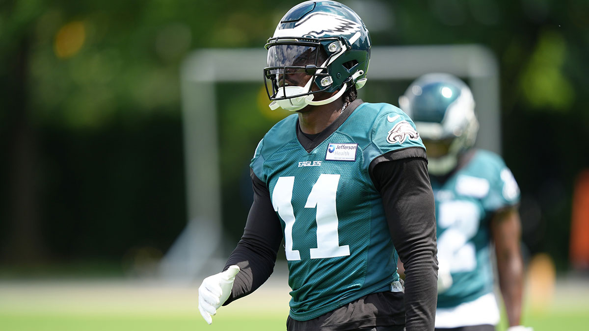 Philadelphia Eagles wide receiver A.J. Brown (11) looks on during a practice drill at NovaCare Complex.
