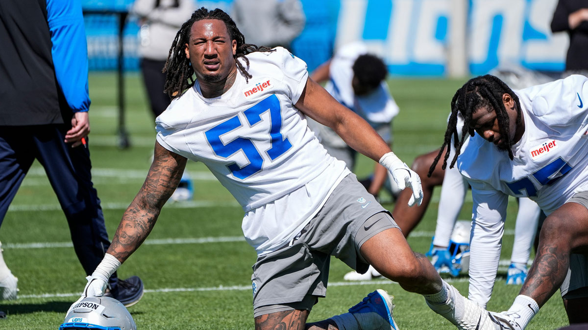 Detroit Lions defensive lineman Trevis Gipson (57) practices during rookie mini camp at Meijer Performance Center in Allen Park on Friday, May 9, 2025.