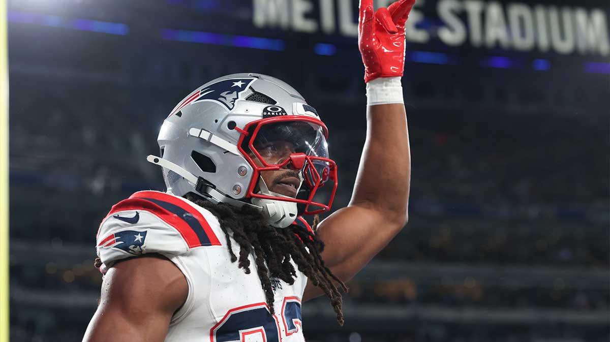 New England Patriots safety Kyle Dugger (23) reacts after intercepting a pass during the first half against the New York Giants at MetLife Stadium.