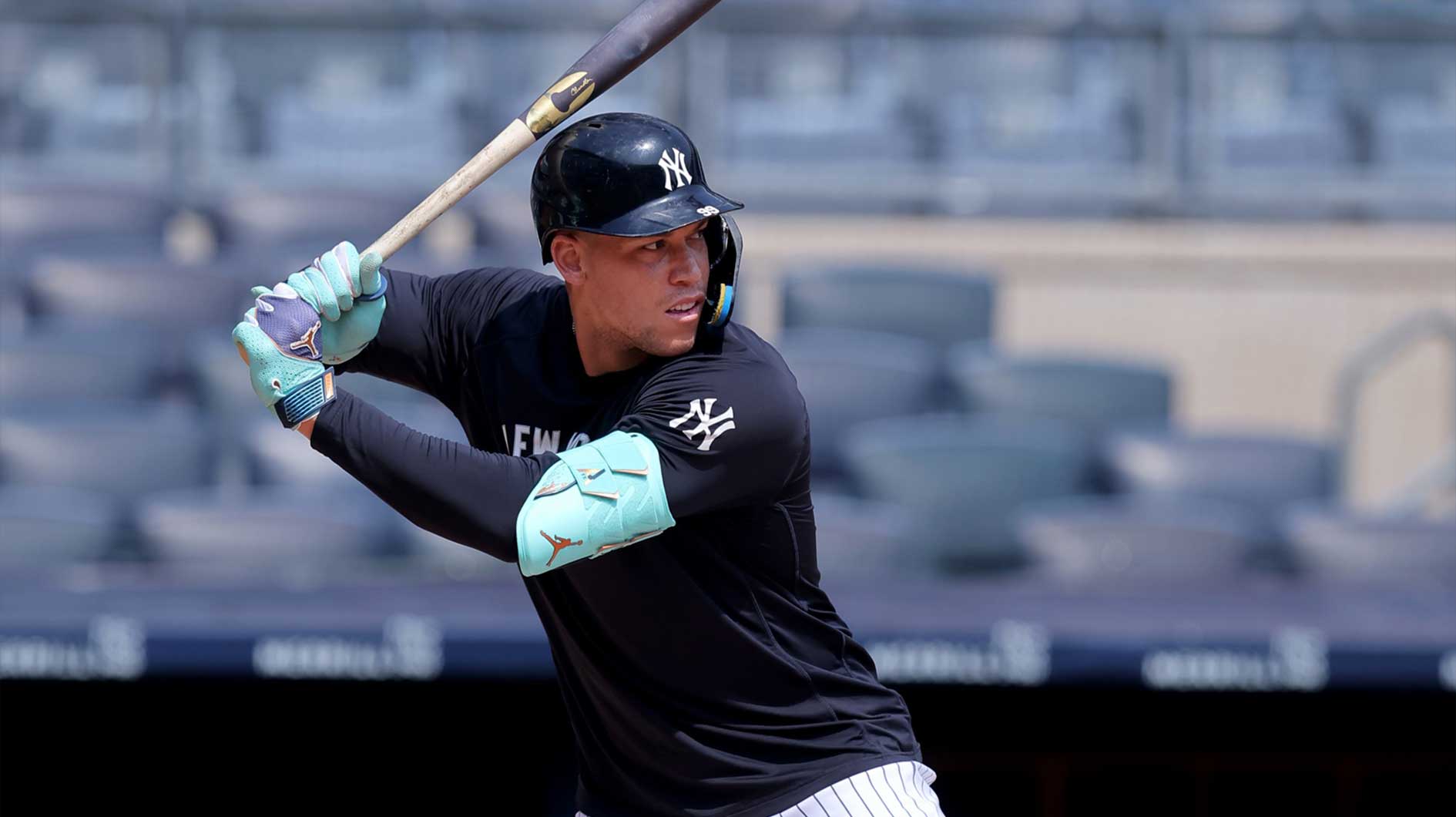 New York Yankees injured right fielder Aaron Judge (99) takes live batting practice before a game against the Tampa Bay Rays at Yankee Stadium.