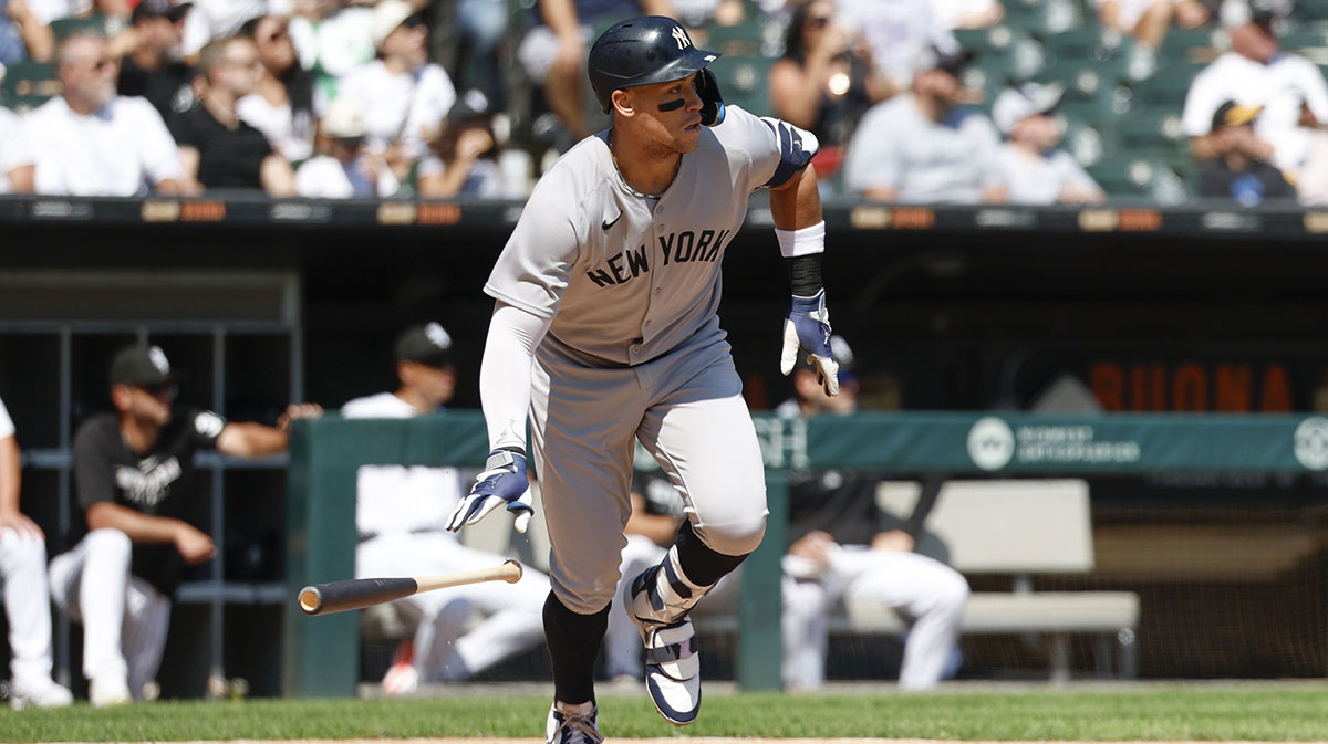 New York Yankees designated hitter Aaron Judge (99) watches his double against the Chicago White Sox during the third inning at Rate Field.