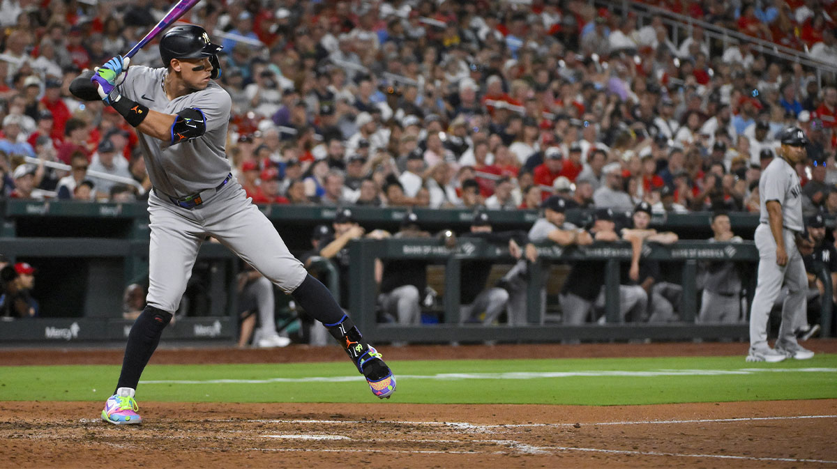 New York Yankees designated hitter Aaron Judge (99) bats against the St. Louis Cardinals during the seventh inning at Busch Stadium.