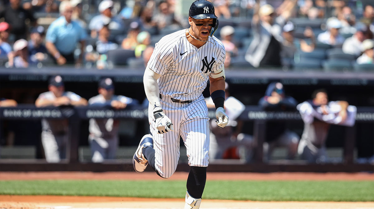 New York Yankees designated hitter Aaron Judge (99) reacts after flying out in the first inning against the Houston Astros at Yankee Stadium.