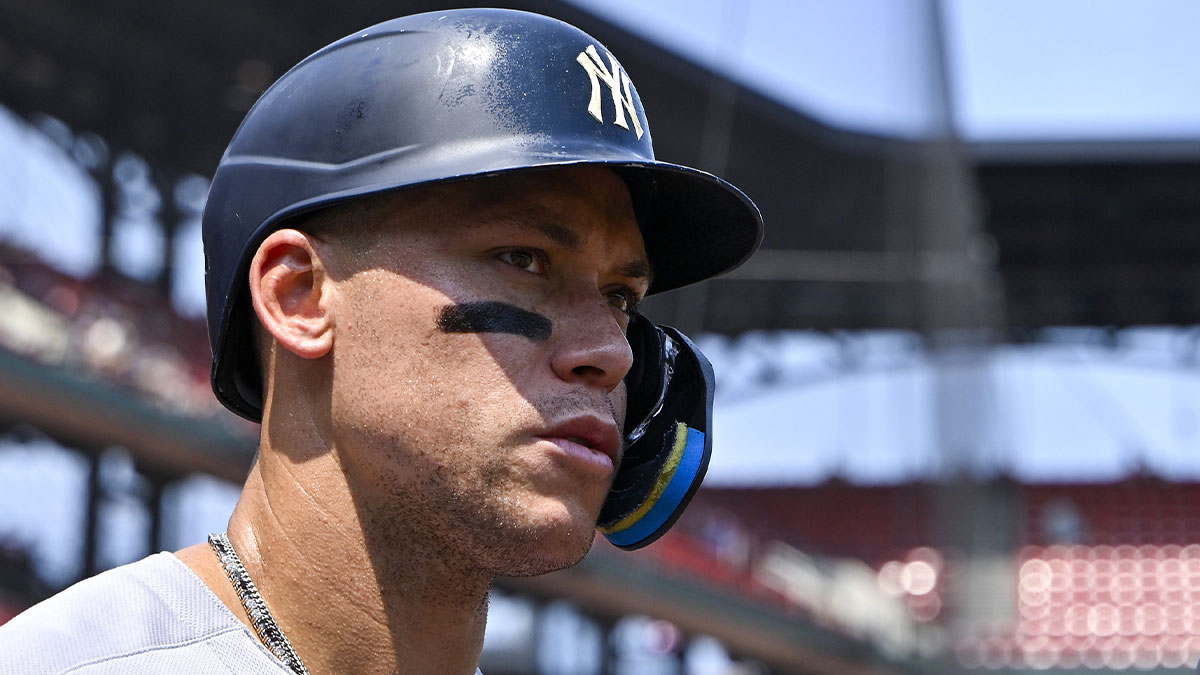 New York Yankees designated hitter Aaron Judge (99) looks on from the dugout during the third inning against the St. Louis Cardinals