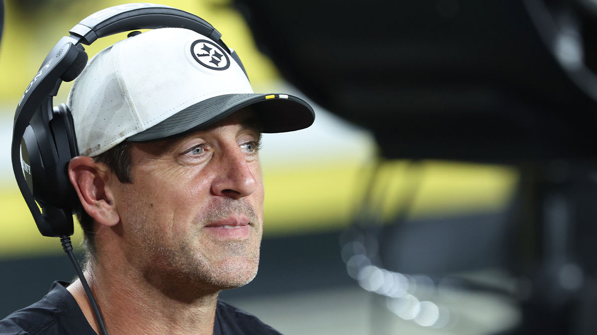 Pittsburgh Steelers quarterback Aaron Rodgers (8) looks on from the sidelines against the Tampa Bay Buccaneers during the third quarter at Acrisure Stadium. Mandatory Credit: Charles LeClaire-Imagn Images