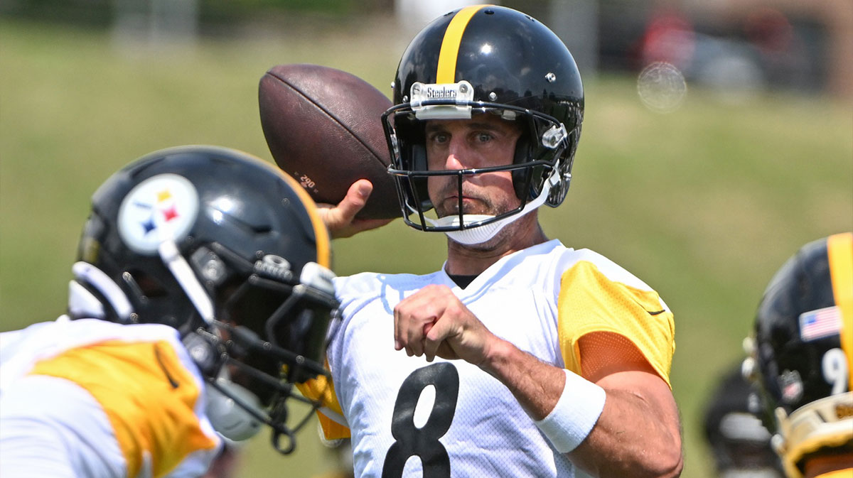 Pittsburgh Steelers quarterback Aaron Rodgers (8) participates in drills during training camp at Saint Vincent College.