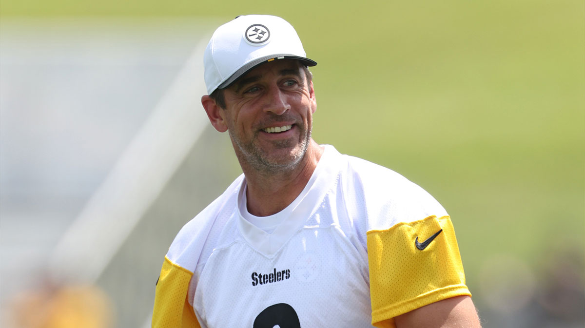 Pittsburgh Steelers quarterback Aaron Rodgers (8) participates in drills during training camp at Saint Vincent College.