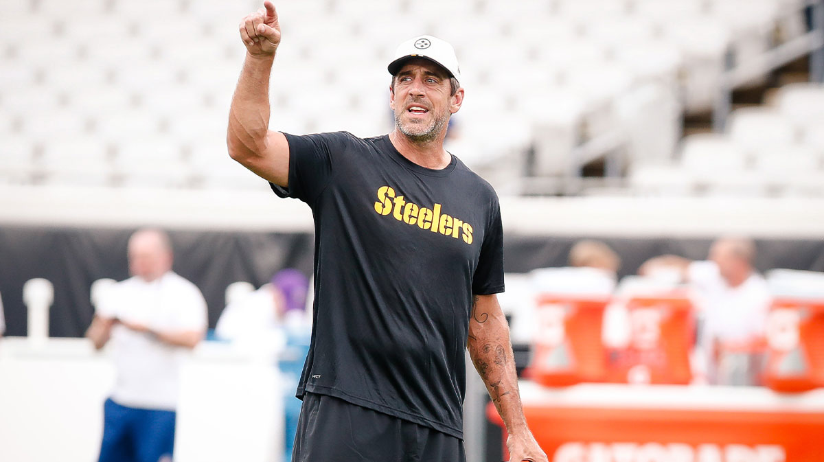 Pittsburgh Steelers quarterback Aaron Rodgers (8) during warm ups before a preseason game against the Jacksonville Jaguars at EverBank Stadium.
