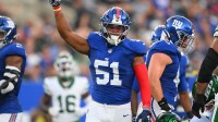 New York Giants linebacker Abdul Carter (51) reacts to a play against the New York Jets during the first half at MetLife Stadium.