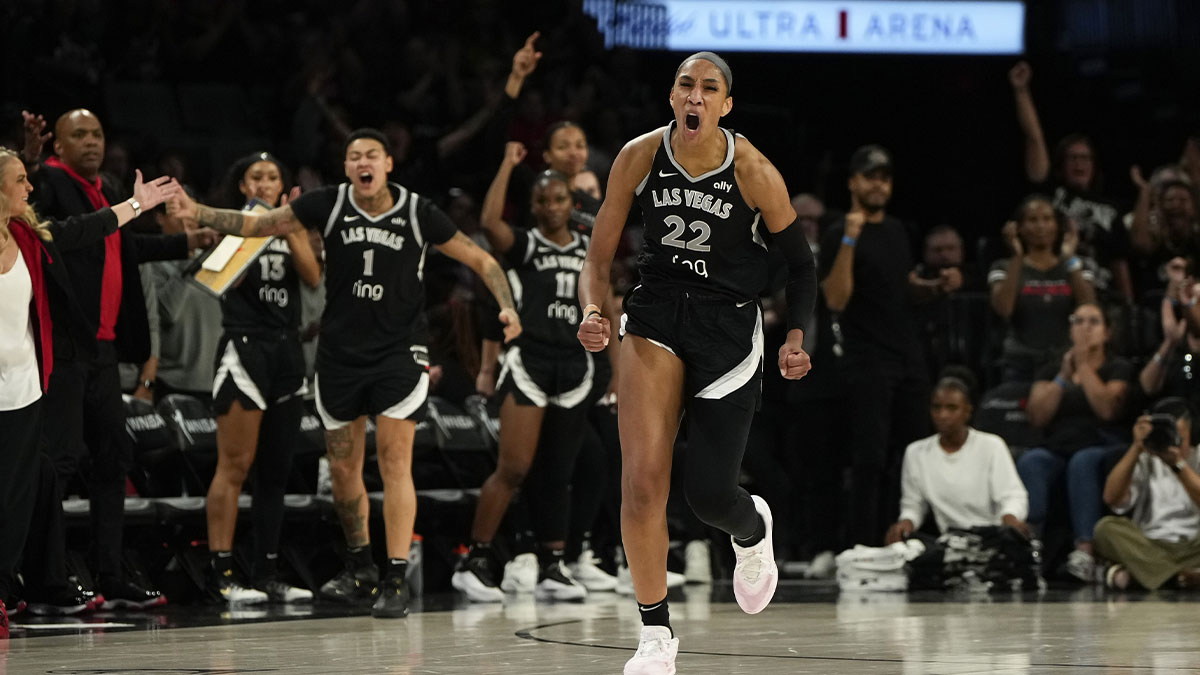 Aces center A'ja Wilson (22) reacts after scoring