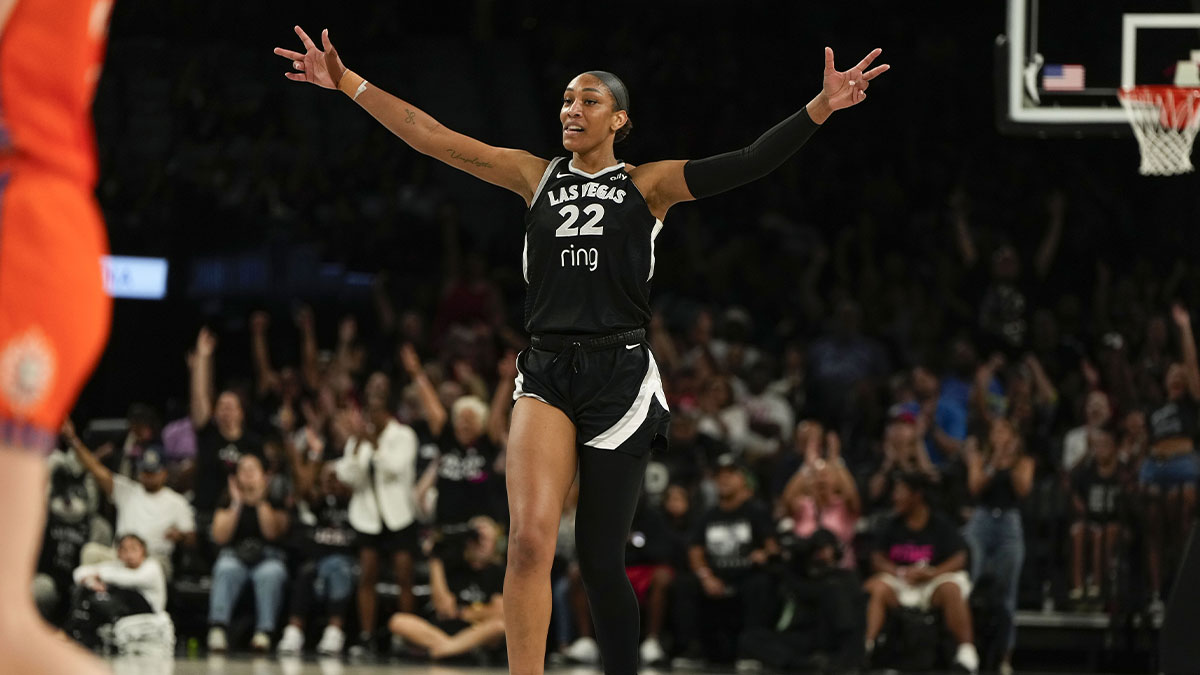Las Vegas Aces center A'ja Wilson (22) reacts during the second half of a WNBA basketball game against the Connecticut Sun at Michelob Ultra Arena.