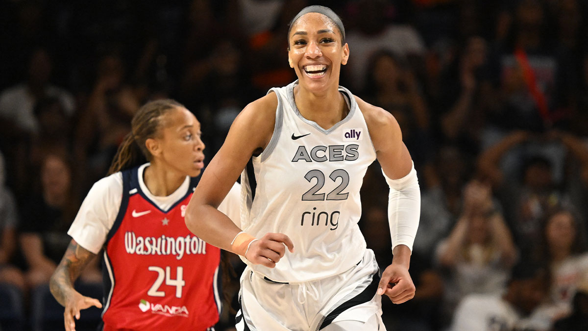 Las Vegas Aces center A'ja Wilson (22) is all smiles after a basket against the Washington Mystics during the fourth quarter at CareFirst Arena.