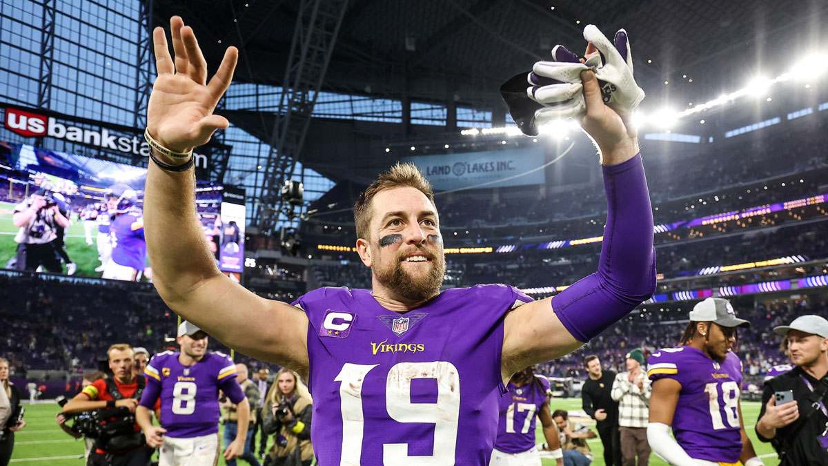 Minnesota Vikings wide receiver Adam Thielen (19) celebrates the win against the Indianapolis Colts after the game at U.S. Bank Stadium.