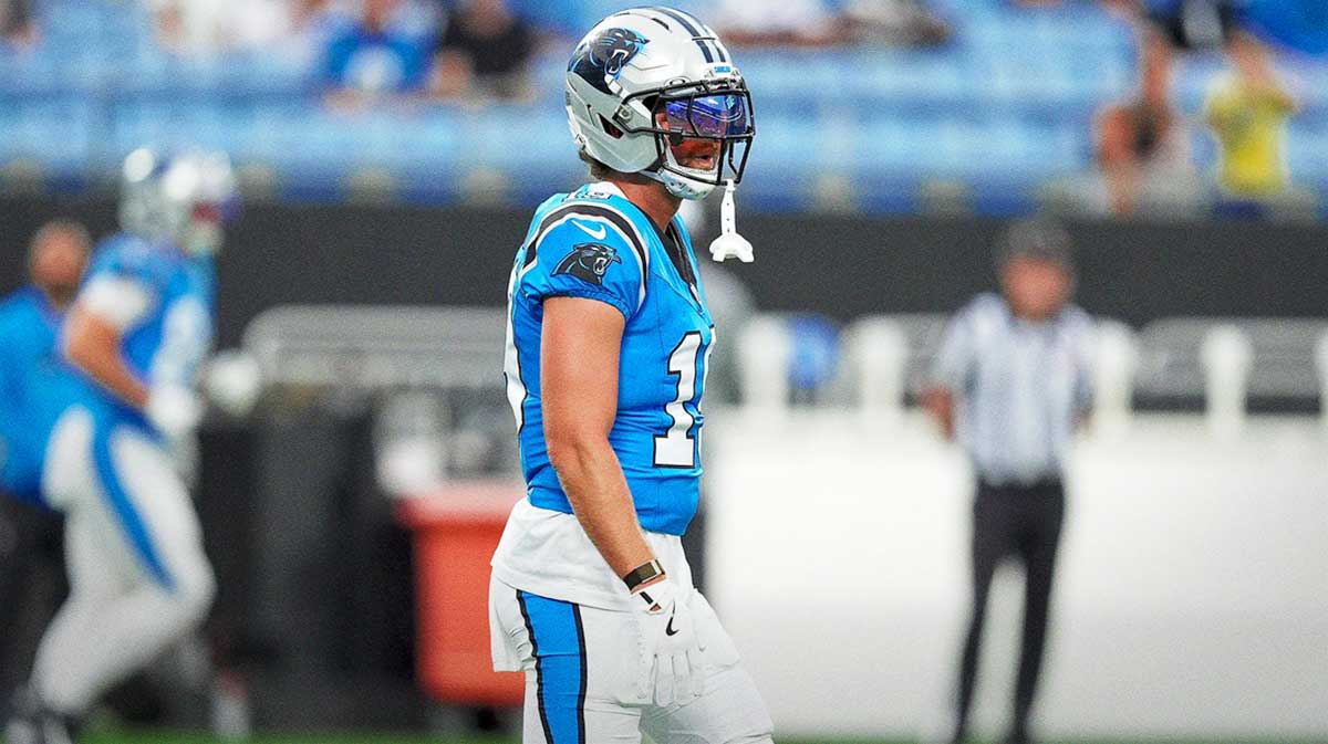 Carolina Panthers wide receiver Adam Thielen (19) waits to run a route during Fanfest at Bank of America Stadium.