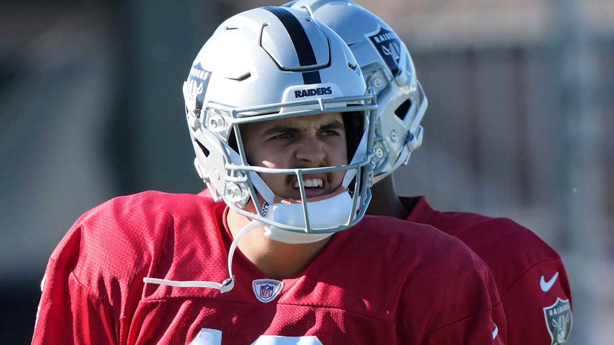 Las Vegas Raiders quarterback Aidan O'Connell (12) during training camp at the Intermountain Healthcare Performance Center.
