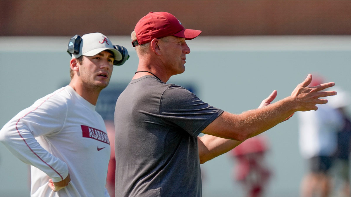 Head coach Kalen Deboer gives directions during the second practice session of the preseason for the Alabama Crimson Tide.