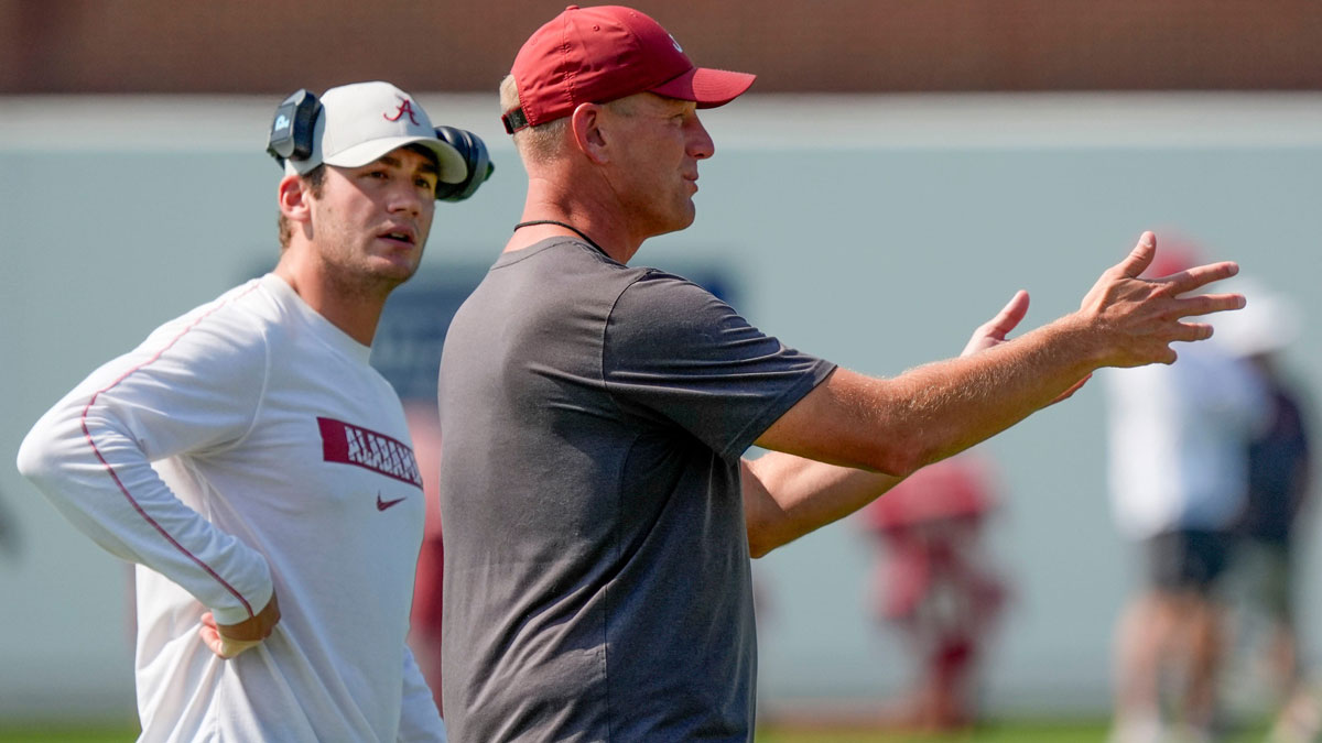 Head coach Kalen Deboer gives directions during the second practice session of the preseason for the Alabama Crimson Tide.