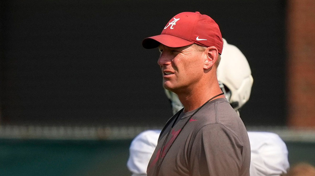 Head Coach Kalen DeBoer watches his team go through practice.