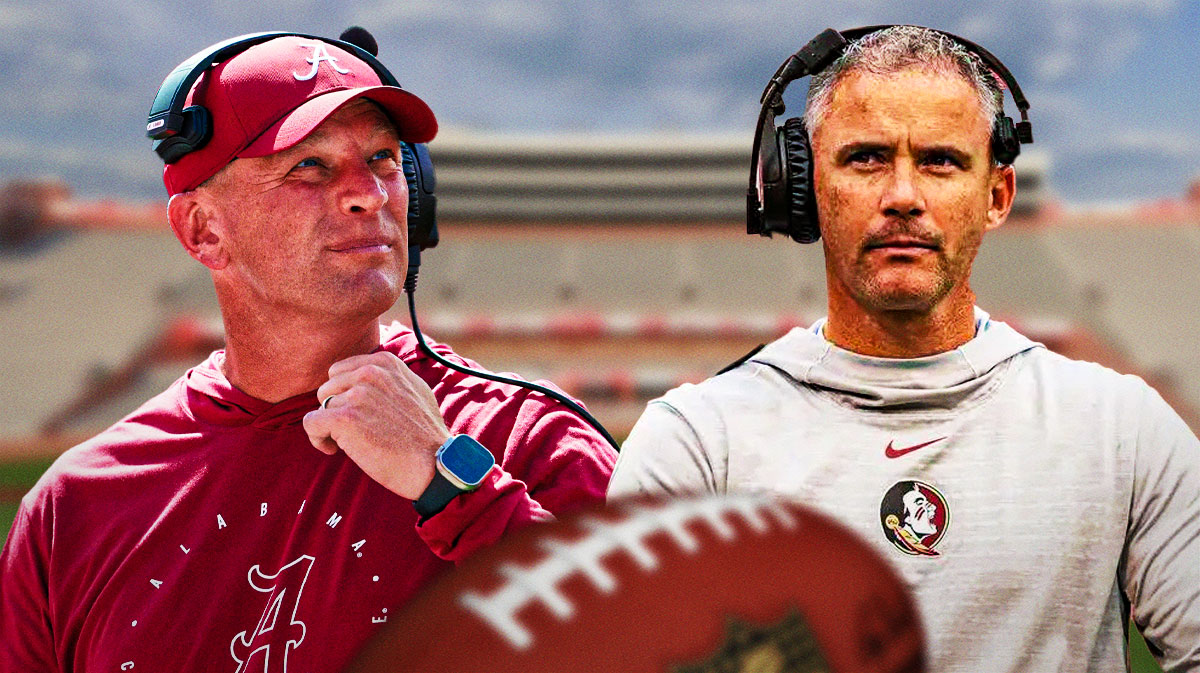 Alabama Florida State bold predictions, Kalen DeBoer on the left, Mike Norvell on the right, Doak Campbell stadium in the background
