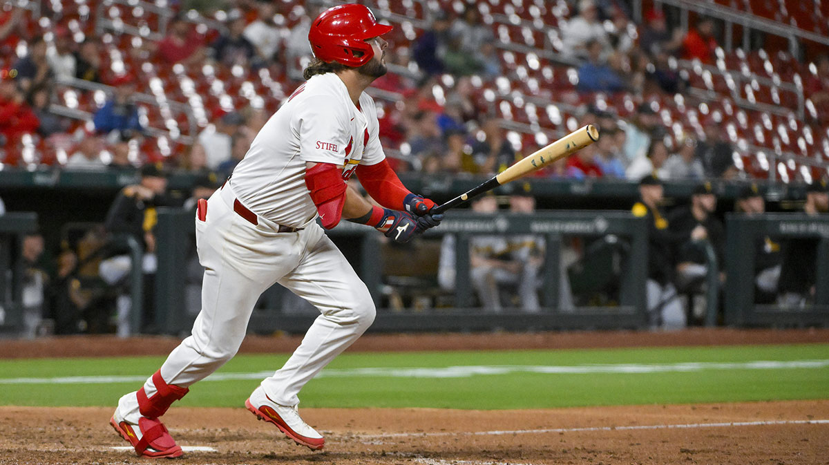 St. Louis Cardinals first baseman Alec Burleson (41) hits a walk-off solo home run against the Pittsburgh Pirates during the ninth inning at Busch Stadium.