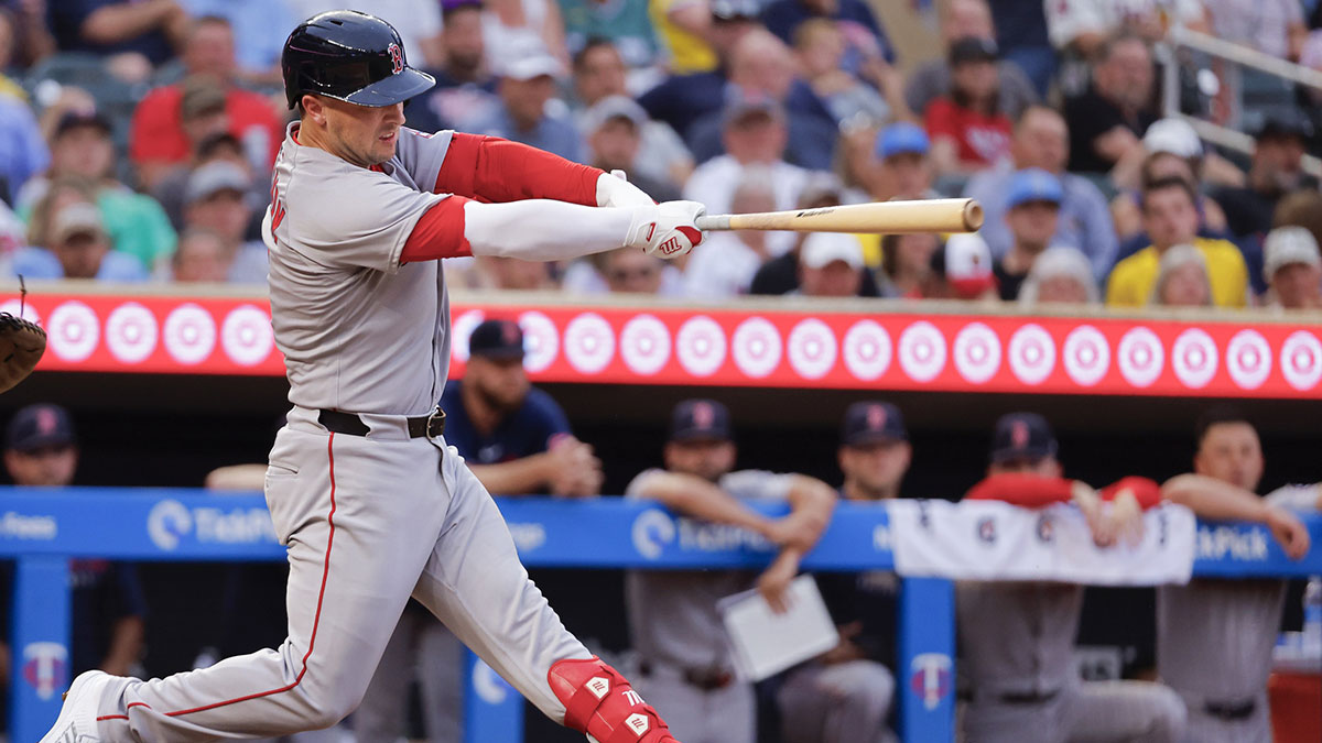 Jul 28, 2025; Minneapolis, Minnesota, USA; Boston Red Sox third baseman Alex Bregman (2) hits a three run home run against the Minnesota Twins in the fifth inning at Target Field. 