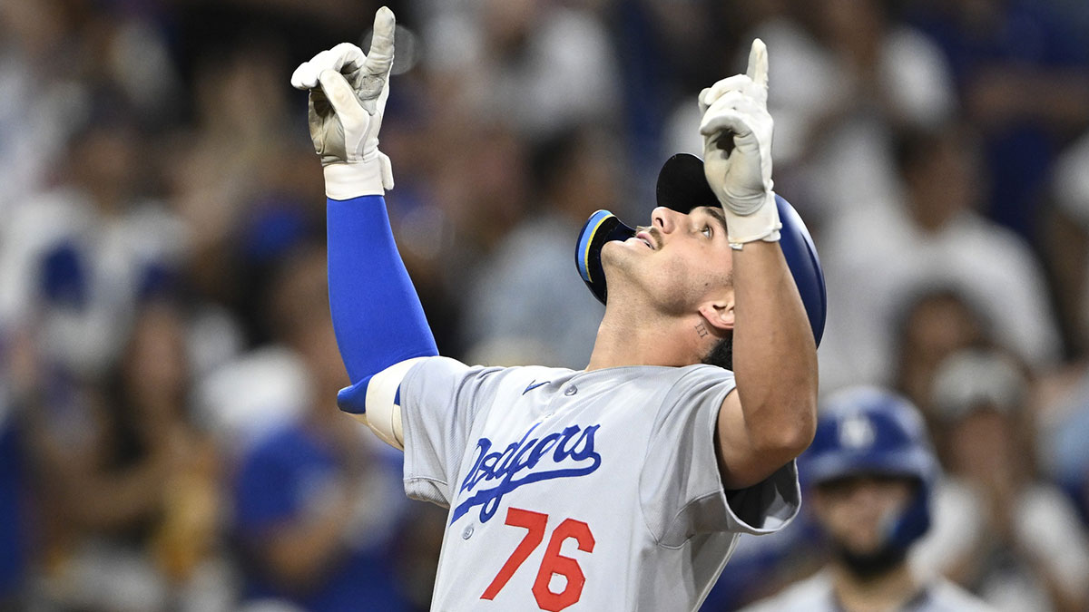 Los Angeles Dodgers second baseman Alex Freeland (76) looks skyward after hititng a solo home run during the eighth inning against the San Diego Padres at Petco Park.