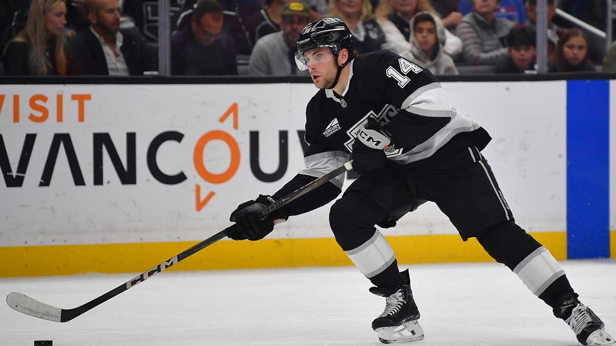 Los Angeles Kings right wing Alex Laferriere (14) moves in for a shot against the Anaheim Ducks during the second period at Crypto.com Arena.
