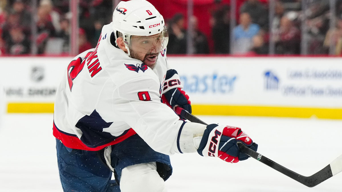 Washington Capitals left wing Alex Ovechkin (8) takes a shot against the Carolina Hurricanes during the second period in game three of the second round of the 2025 Stanley Cup Playoffs at Lenovo Center.