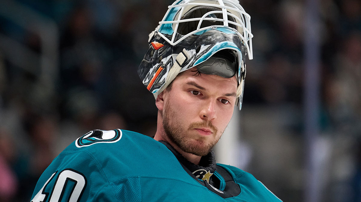 San Jose Sharks goaltender Alexandar Georgiev (40) looks on during a stoppage of play against the Seattle Kraken in the first period at SAP Center at San Jose.