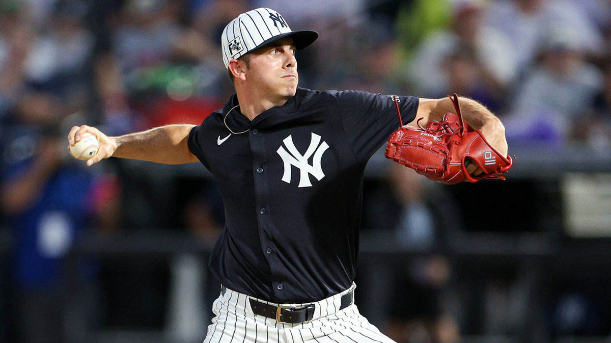 New York Yankees pitcher Allan Winans (62) throws a pitch against the Philadelphia Phillies in the fifth inning during spring training at George M. Steinbrenner Field.