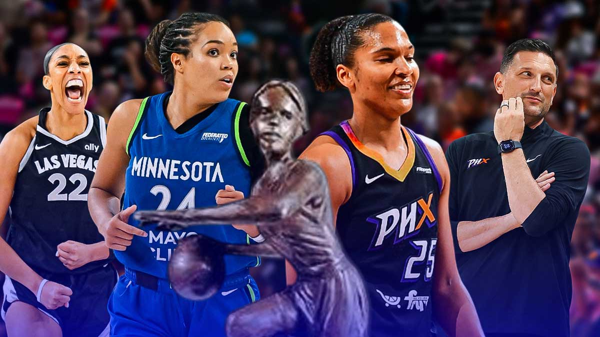 Phoenix Mercury forward Alyssa Thomas looking hyped, with Nate Tibbetts smiling next to her. There's also the WNBA MVP trophy, along with Napheesa Collier and A'ja Wilson next to Thomas.