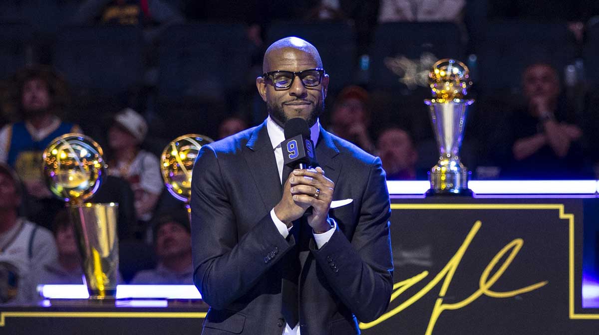Former Golden State Warriors player Andre Iguodala talks during the Andre Iguodala jersey retirement ceremony at Chase Center.