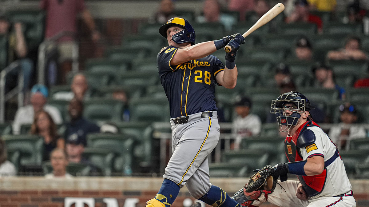 Milwaukee Brewers first base Andrew Vaughn (28) bats against the Atlanta Braves during the ninth inning at Truist Park.