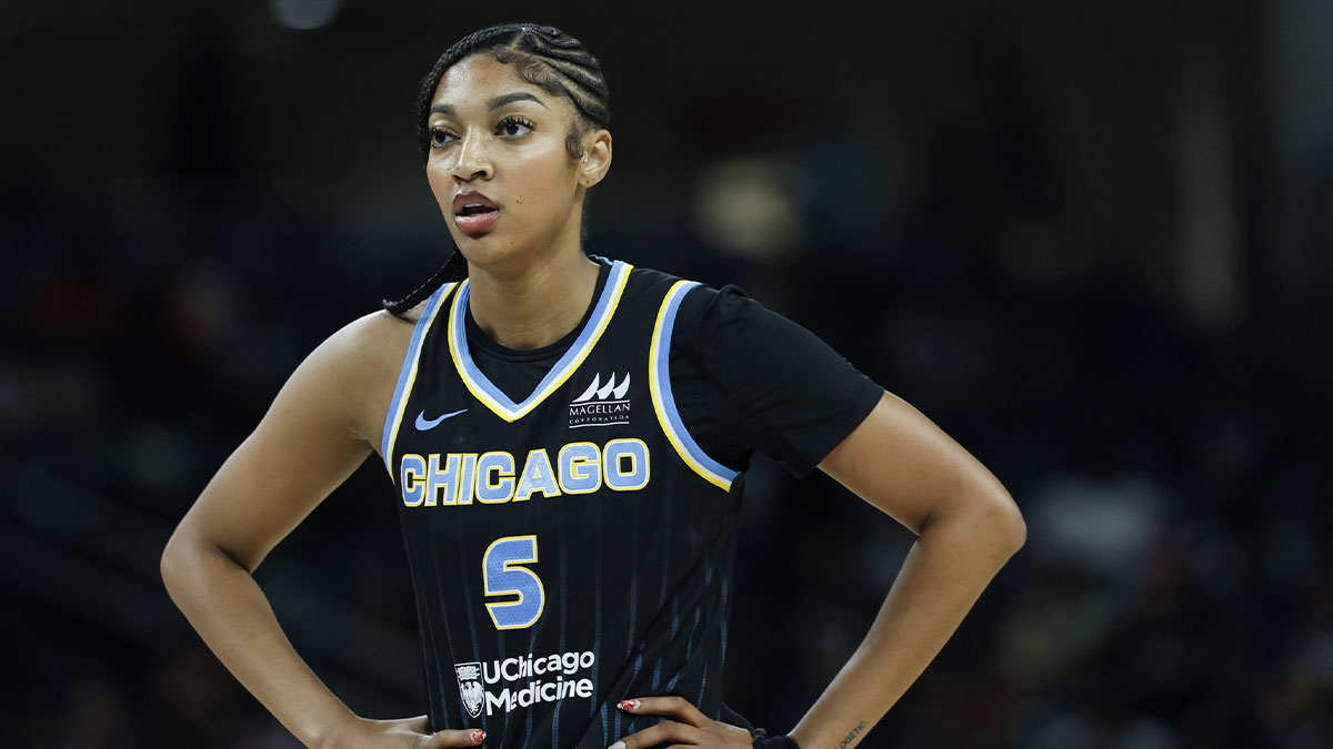Chicago Sky forward Angel Reese (5)looks on during the first half of a WNBA game against the Seattle Storm at Wintrust Arena.