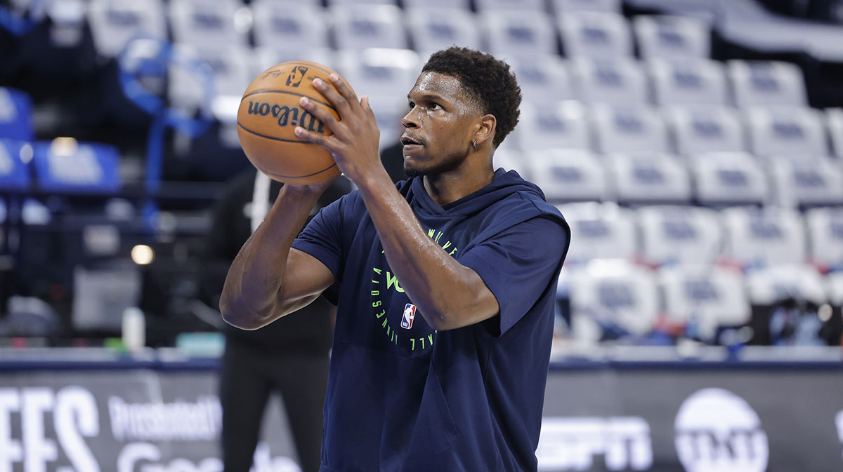 Minnesota Timberwolves guard Anthony Edwards warms up before game five of the western conference finals against the Oklahoma City Thunder for the 2025 NBA Playoffs at Paycom Center.