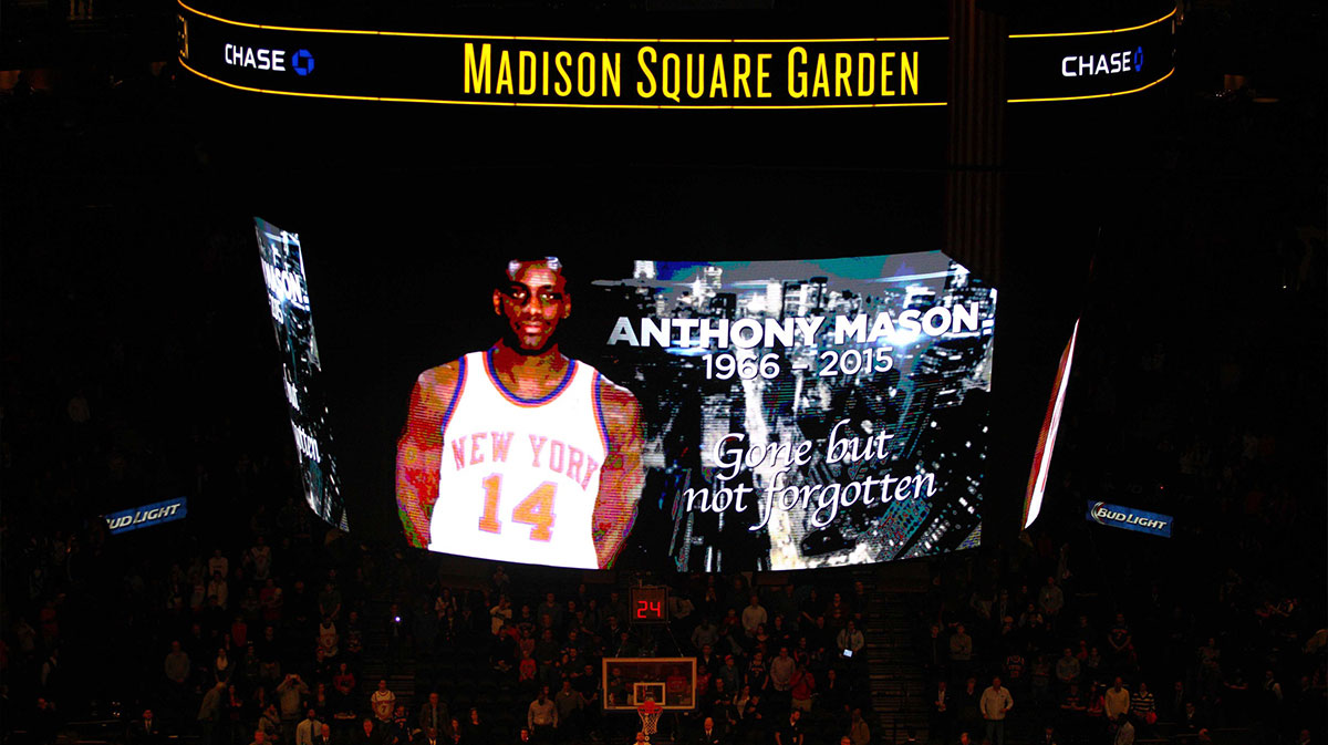 New York Knicks former player Anthony Mason, who died today, is honored with a moment of silence at Madison Square Garden before a game between the New York Knicks and the Toronto Raptors.
