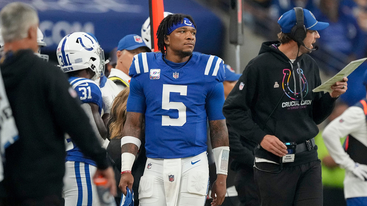 Indianapolis Colts quarterback Anthony Richardson (5) walks the sidelines Sunday, Sept. 29, 2024, during a game against the Pittsburgh Steelers at Lucas Oil Stadium in Indianapolis.