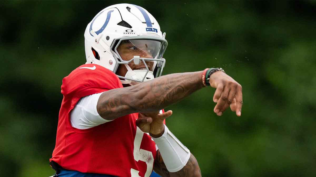 Indianapolis Colts quarterback Anthony Richardson Sr. (5) delivers a pass Monday, July 28, 2025, during training camp held at Grand Park in Westfield.